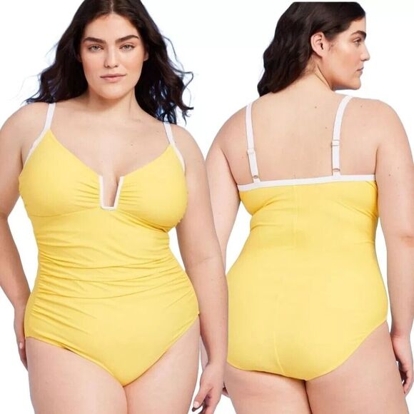 Shade & Shore Women's Size 16 One Piece Swimsuit Crepe U-Wire Yellow White NWT - Picture 1 of 7